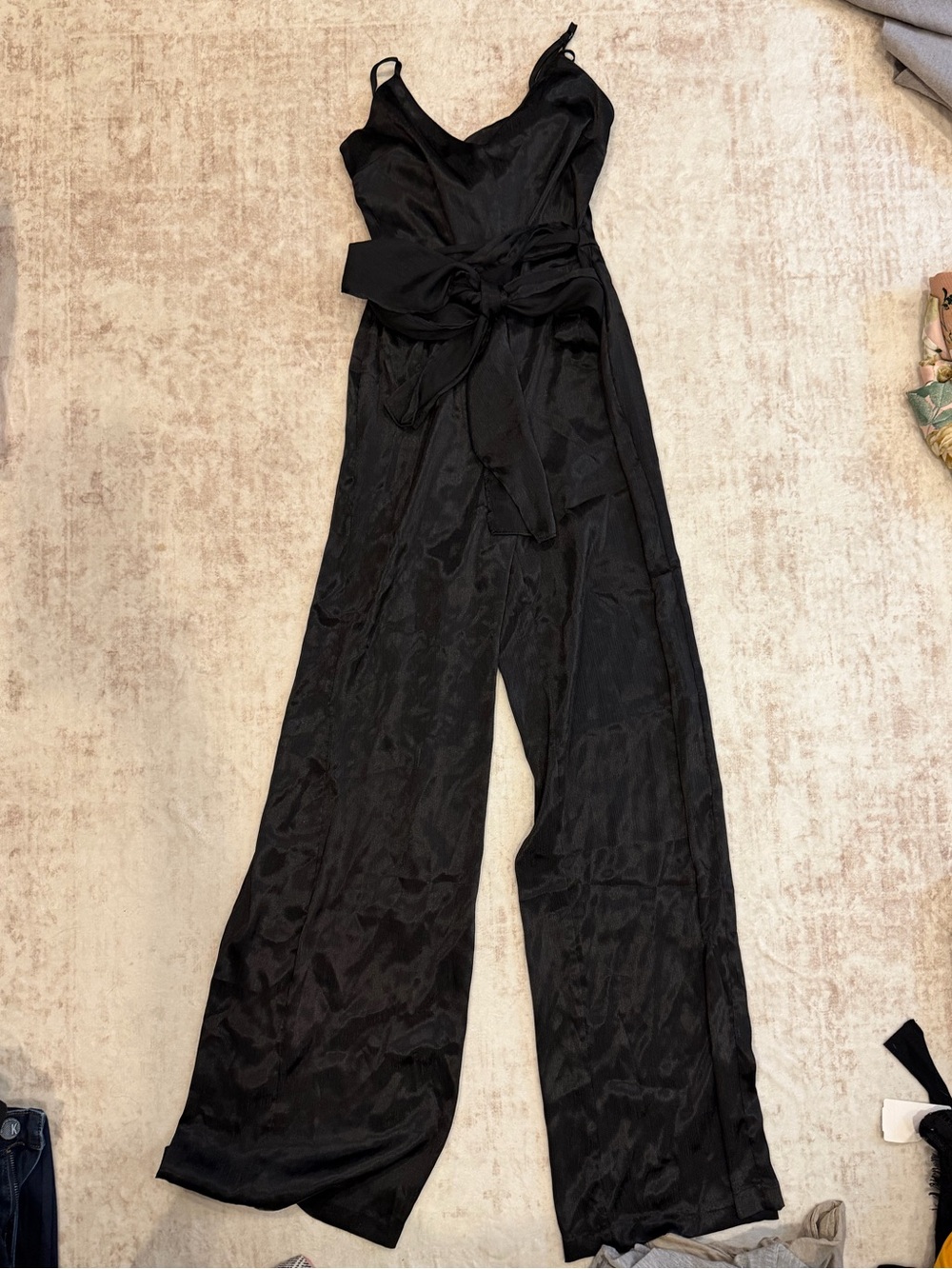 Forever 21 Black Satin Wide-Leg Jumpsuit with Waist Tie